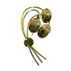 Vtg Sarah Coventry Golden Avocado Brooch Green Cabochons Mid Century Floral Pin